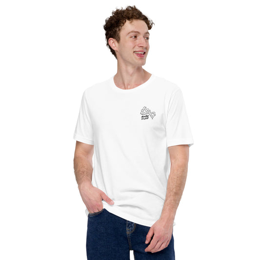 Man modelling white t-shirt smiling