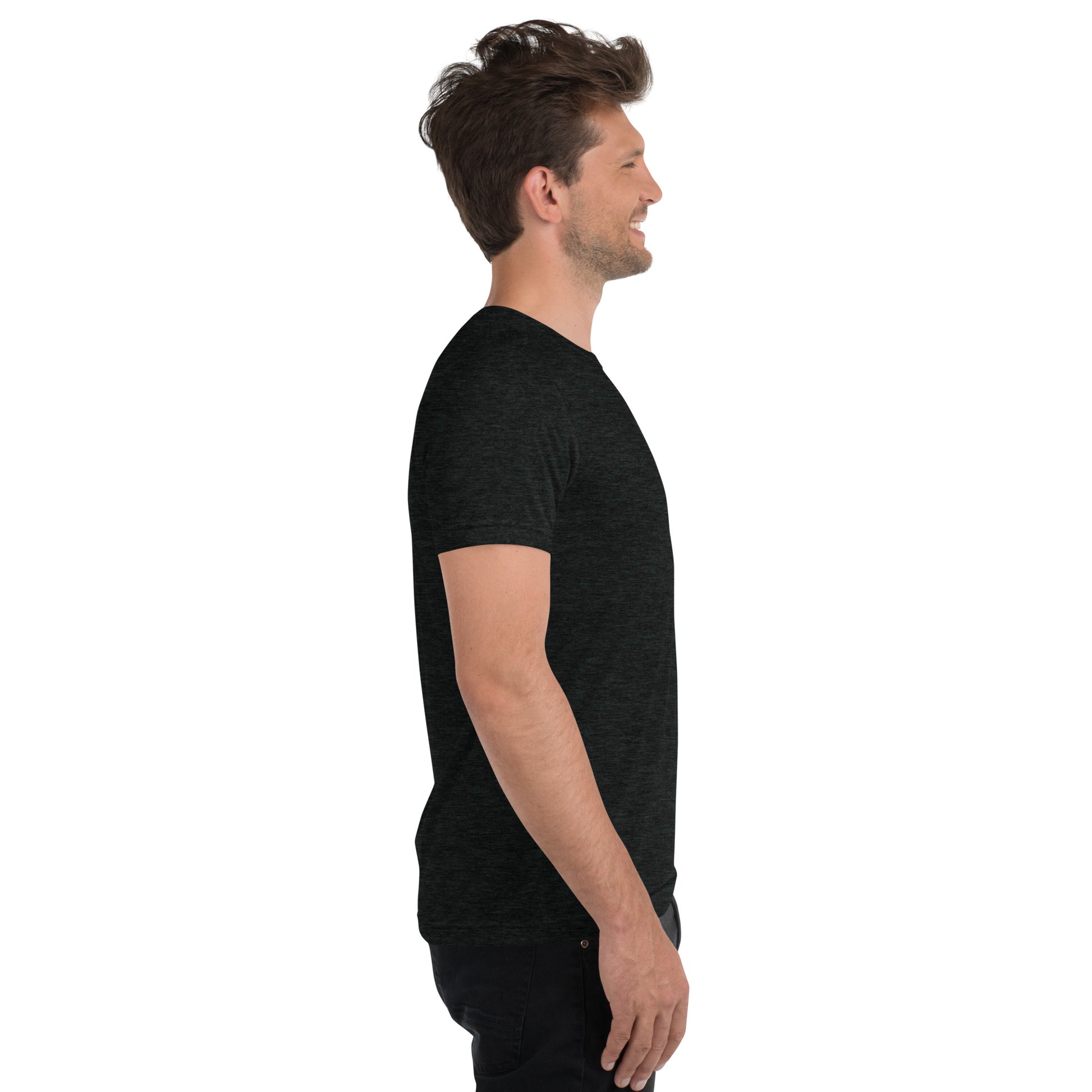 Man modelling mens tri-blend tee from right side