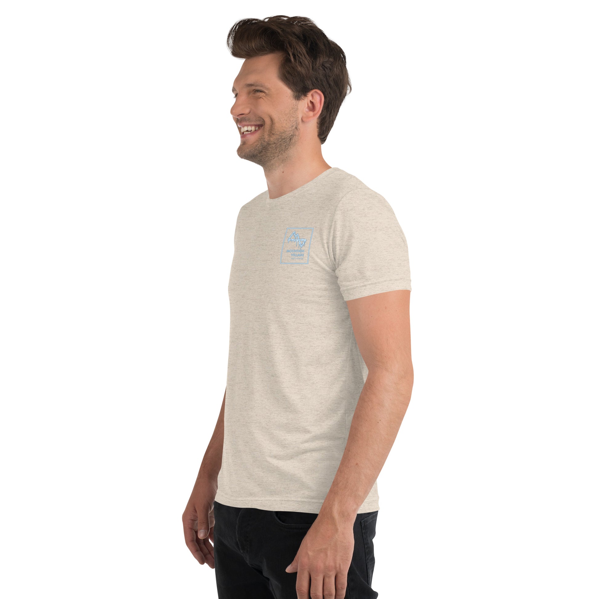 Man modelling mens tri-blend white  tee from left side