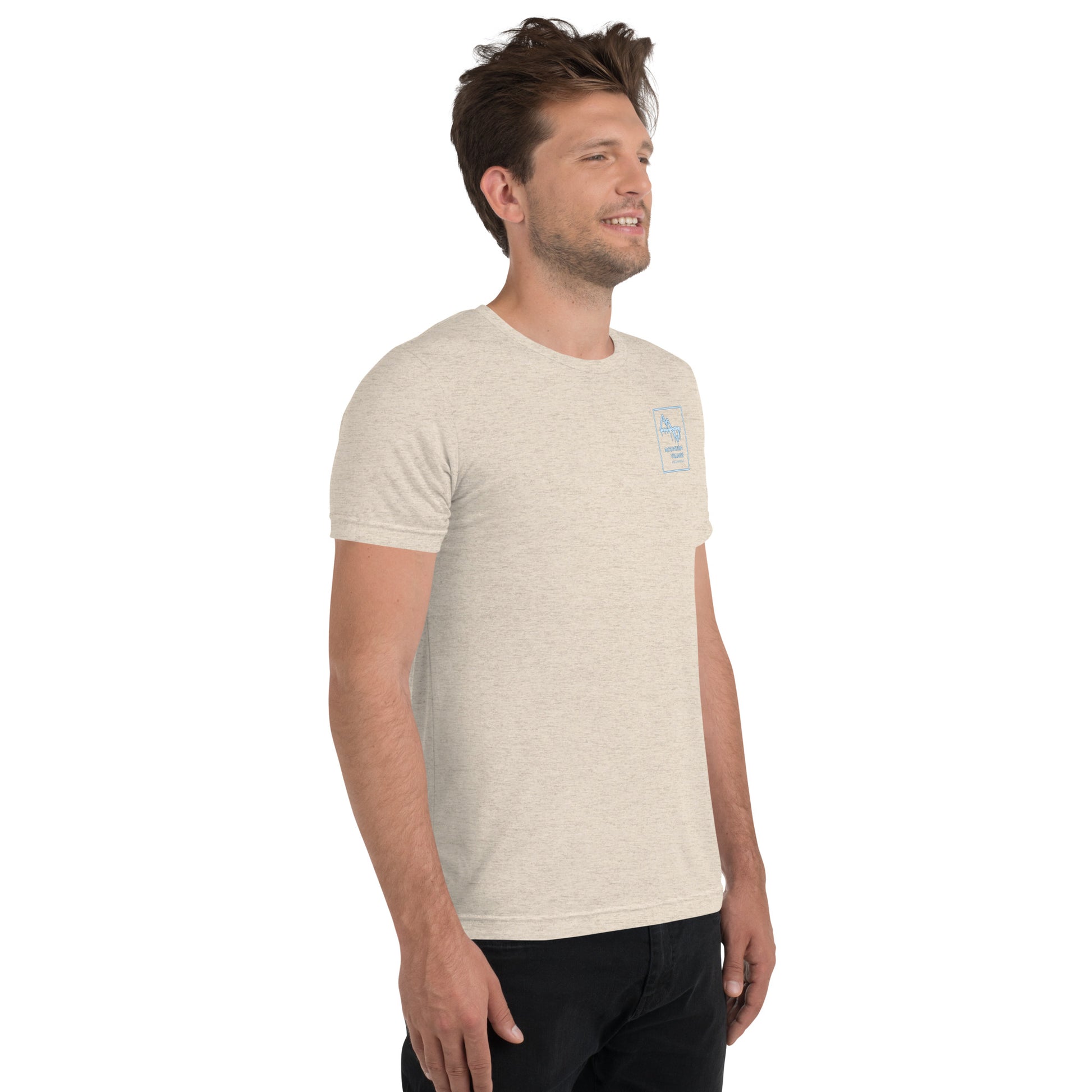 Man modelling mens oatmeal color tri-blend tee