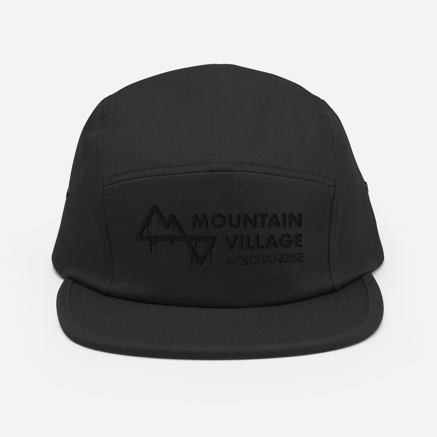 Five panel camper style hat in colour black with a black logo