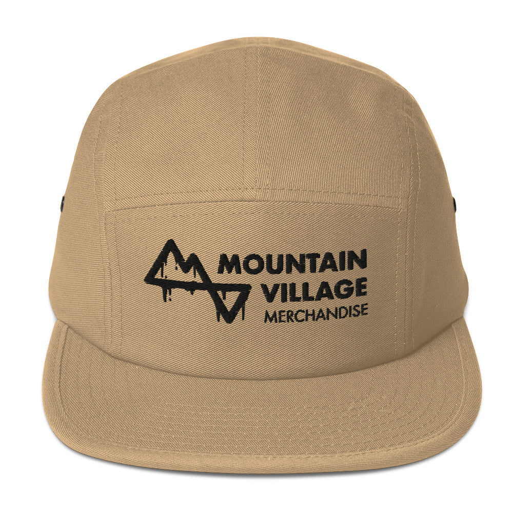 Five panel camper style hat in colour khaki with a black logo