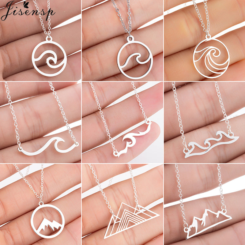 Jisensp Bohemian Wave Pendant Necklace Stainless Steel Jewelry Necklace for Women Beach Surfer Charms Collar Bijoux Femme