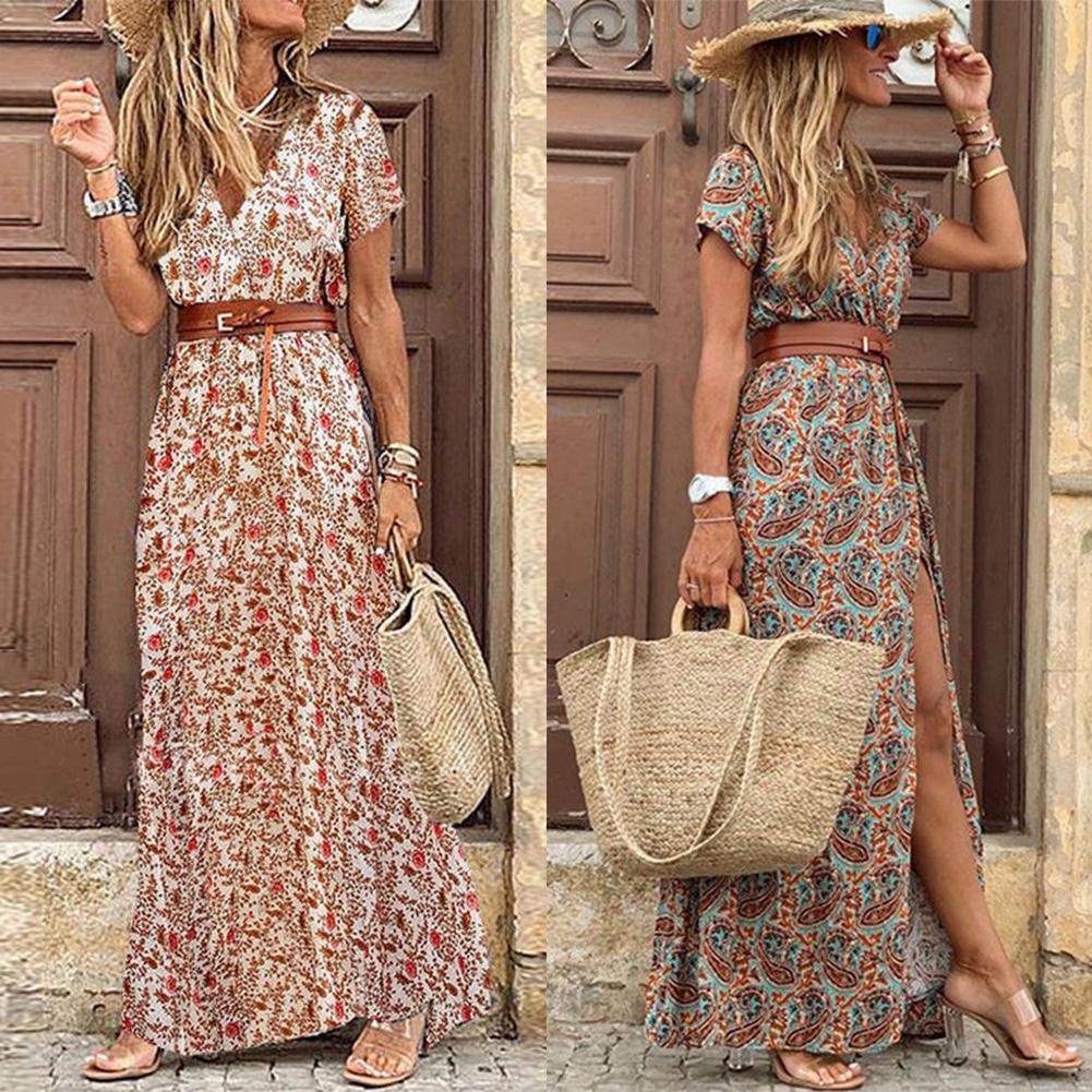 Boho Women V Neck Short Sleeve Long Dress - Mountain Village Merchandise