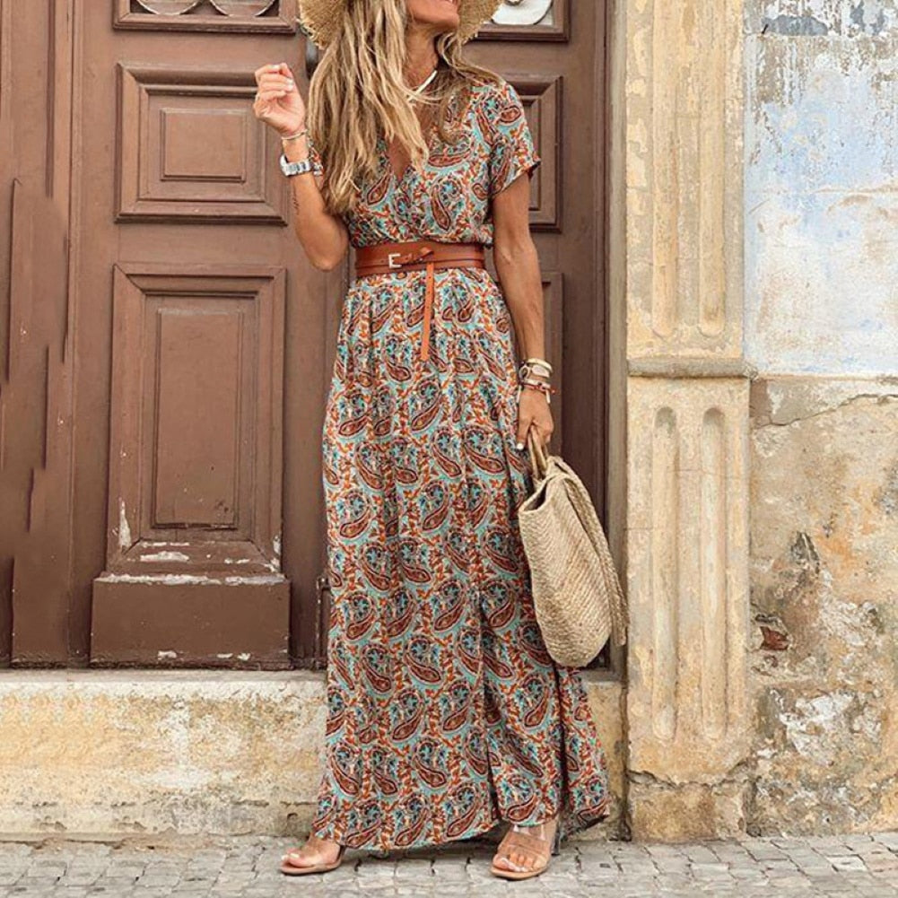 Boho Women V Neck Short Sleeve Long Dress - Mountain Village Merchandise