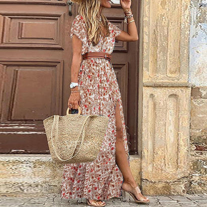 Boho Women V Neck Short Sleeve Long Dress - Mountain Village Merchandise