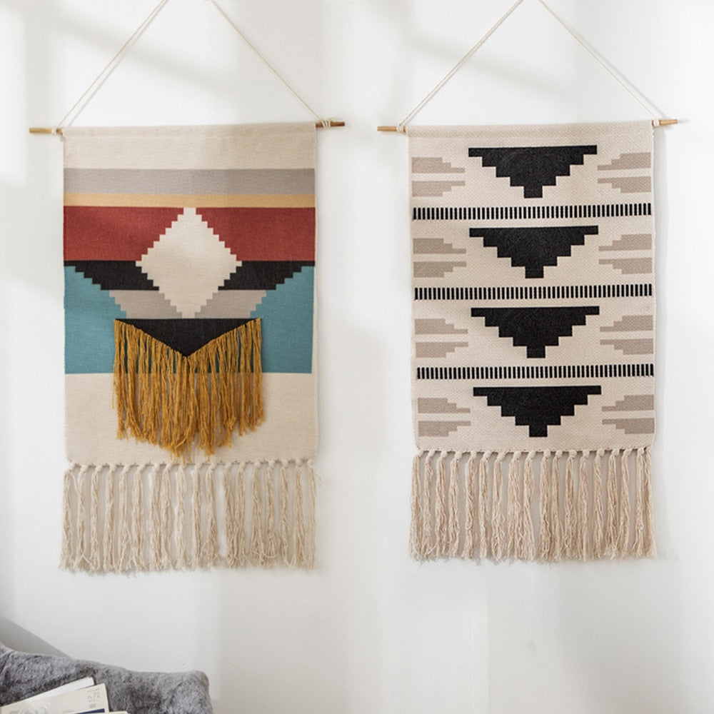 Boho Linen Tapestry Nordic Style Geometric with Tassel