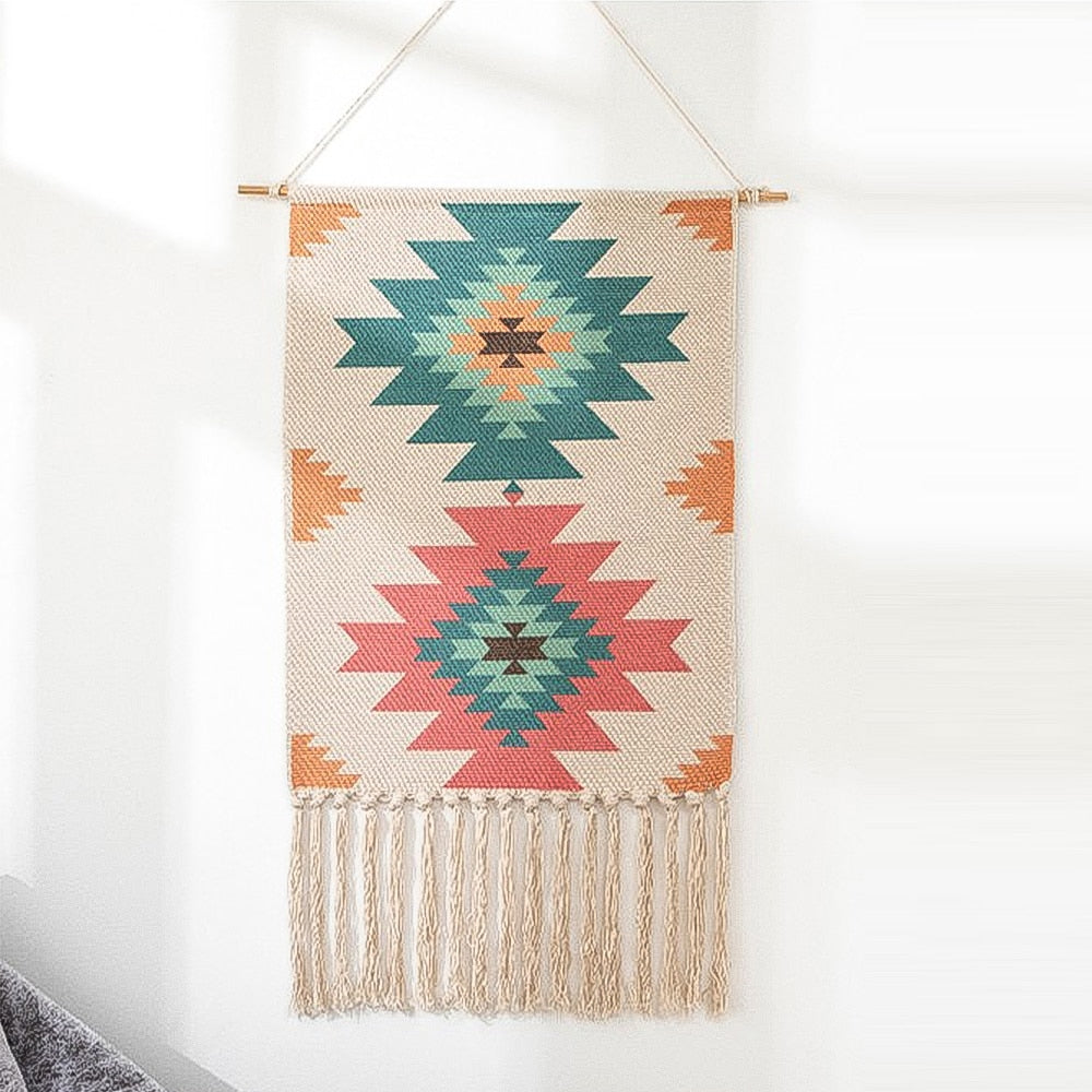 Boho Linen Tapestry Nordic Style Geometric with Tassel