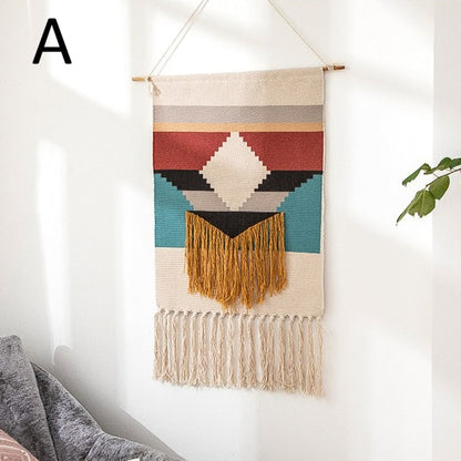 Boho Linen Tapestry Nordic Style Geometric with Tassel