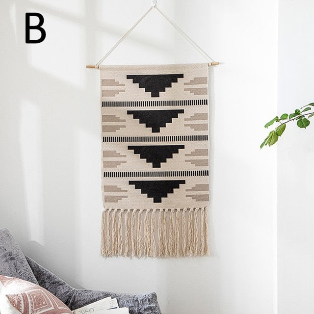Boho Linen Tapestry Nordic Style Geometric with Tassel
