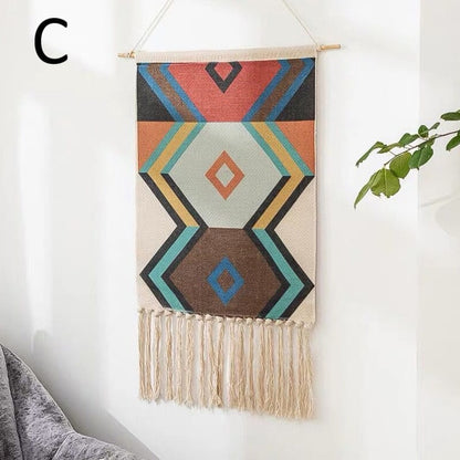 Boho Linen Tapestry Nordic Style Geometric with Tassel