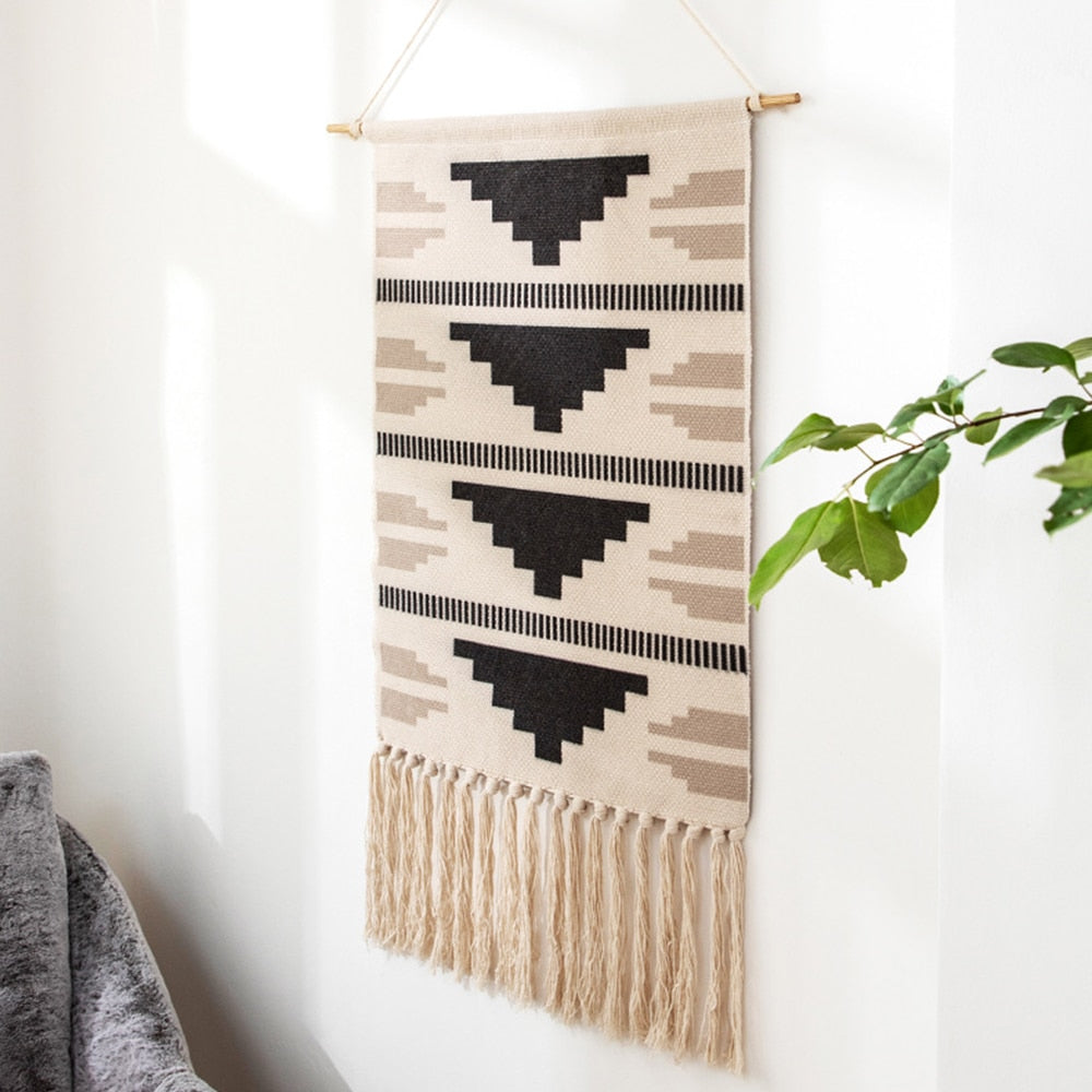 Boho Linen Tapestry Nordic Style Geometric with Tassel