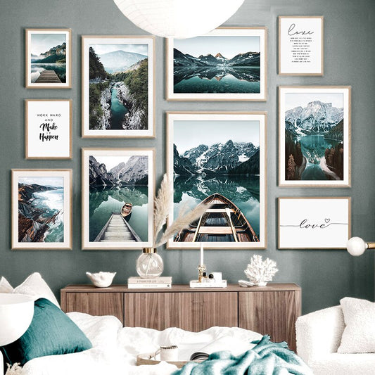 Nordic Style Nature Mountain Landscape Scandinavian Poster Print Lake Boat Canvas Painting Wall Art Pictures for Home Decoration - Mountain Village Merchandise