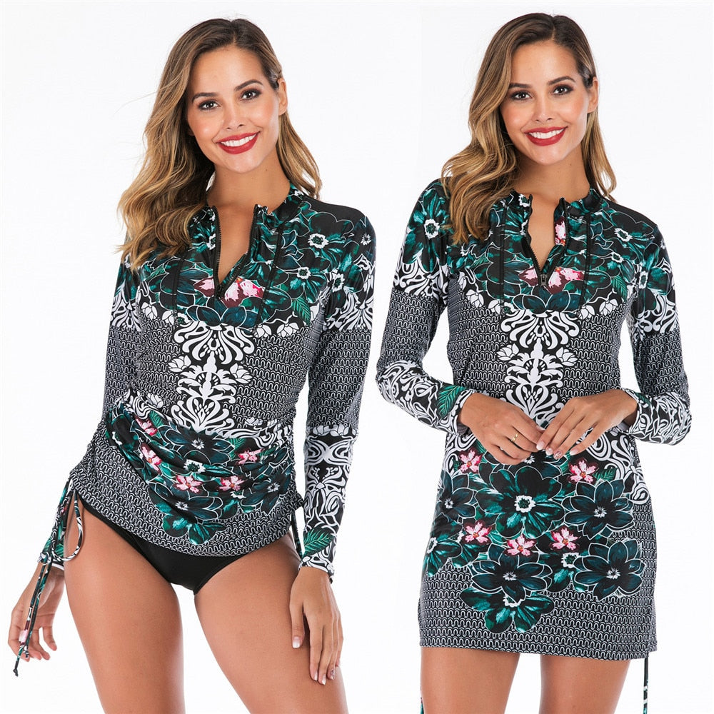 Long Sleeve Floral Rashguard & Skirted Swimsuit