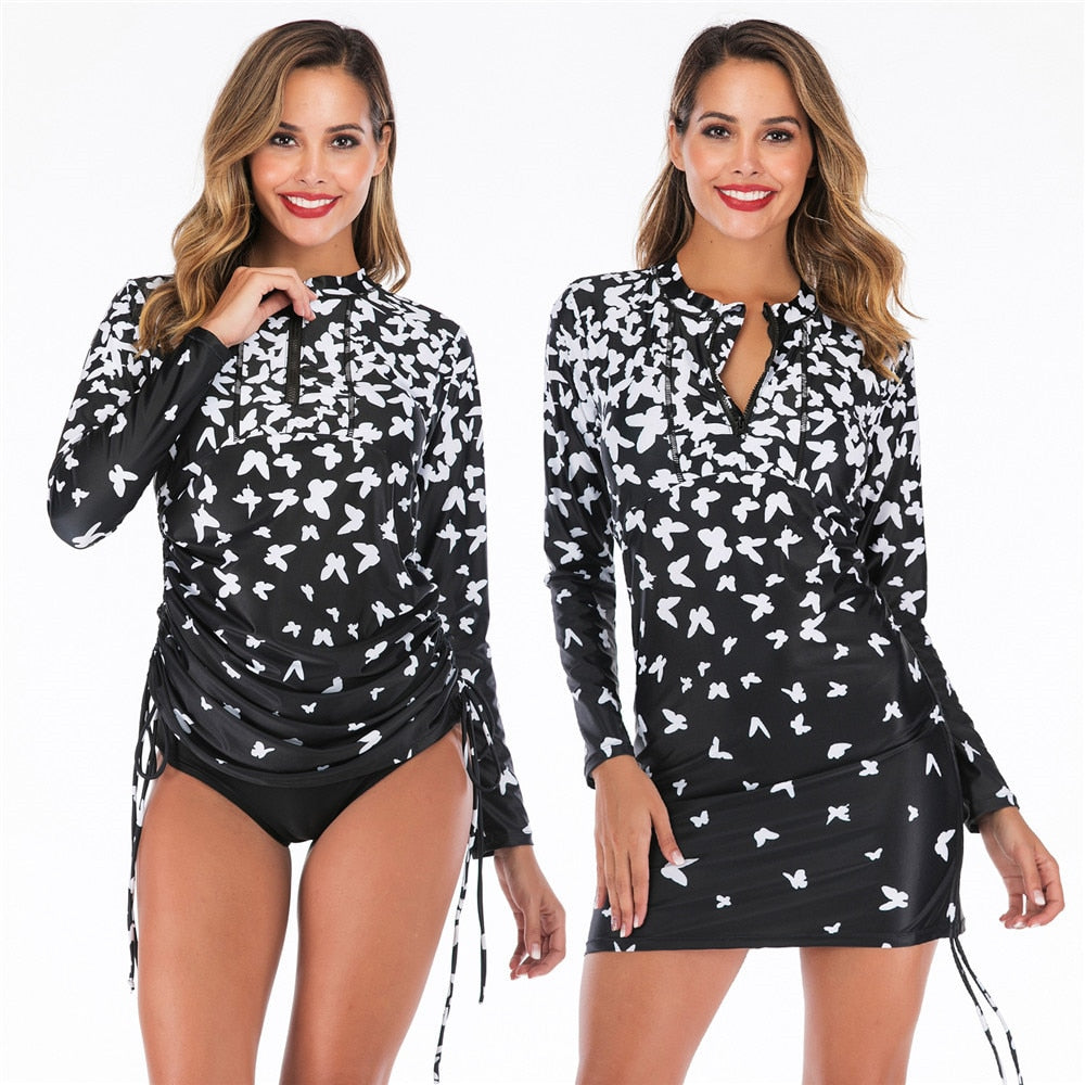 Long Sleeve Floral Rashguard & Skirted Swimsuit