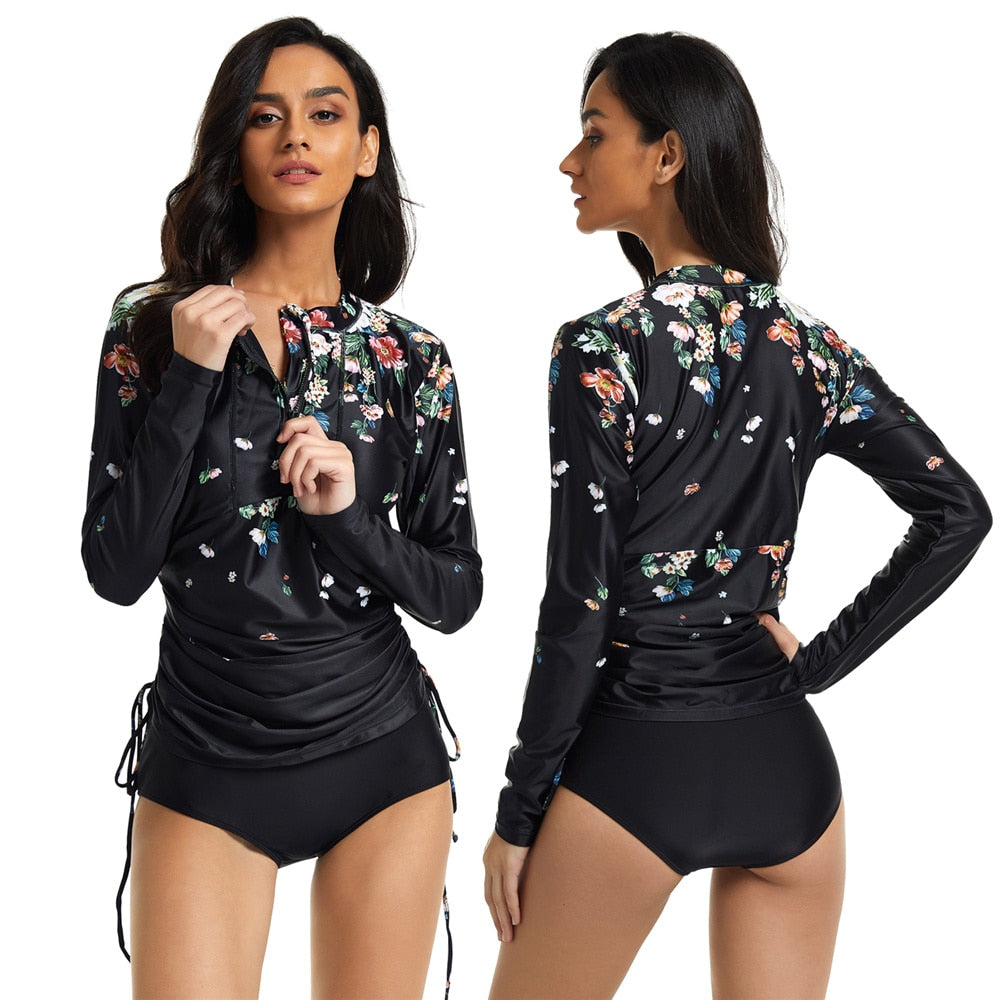 Long Sleeve Floral Rashguard & Skirted Swimsuit