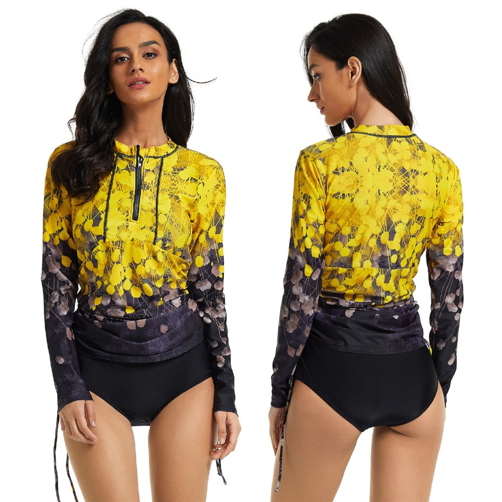 Long Sleeve Floral Rashguard & Skirted Swimsuit