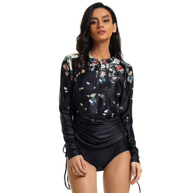 Long Sleeve Floral Rashguard & Skirted Swimsuit