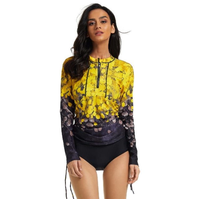 Long Sleeve Floral Rashguard & Skirted Swimsuit