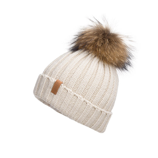 White with Tan 12" Pom Pom beanie cozy fuzzy 