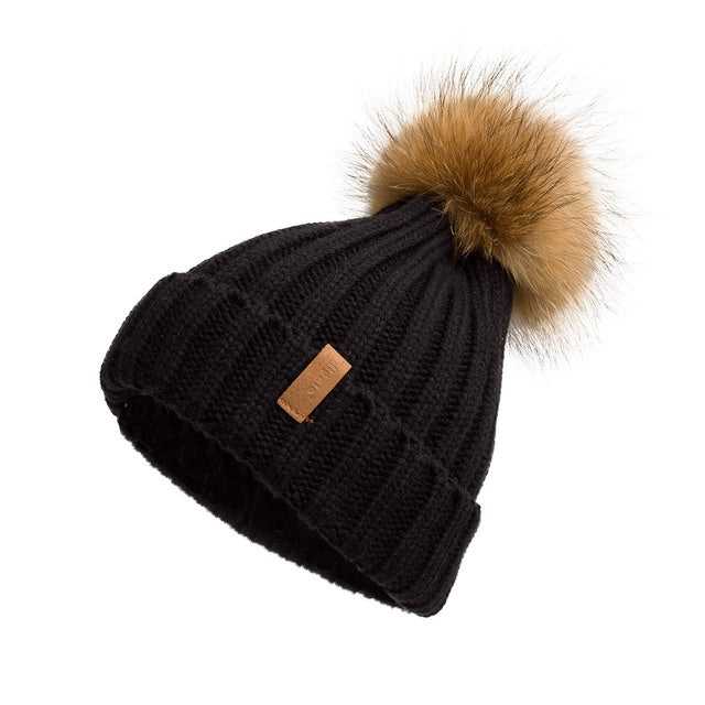 Black with Tan 12" Pom Pom beanie cozy fuzzy 