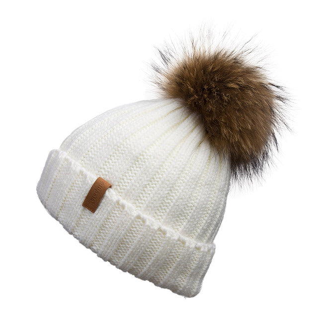 White with Brown Pom Pom beanie cozy fuzzy 