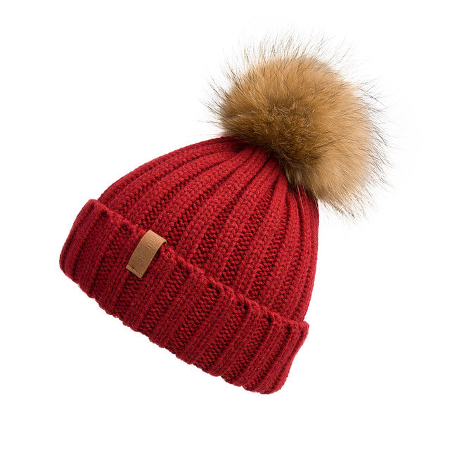 Red with Tan 12" Pom Pom beanie cozy fuzzy 