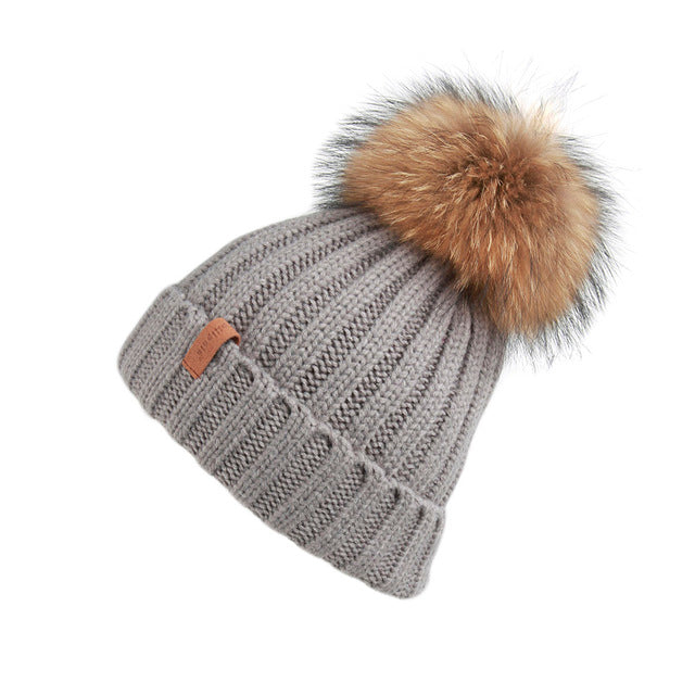 Grey with Tan 12" Pom Pom beanie cozy fuzzy 