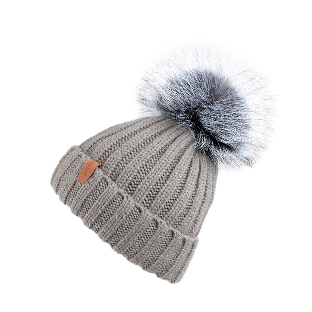 Grey with White 12" Pom Pom beanie cozy fuzzy 