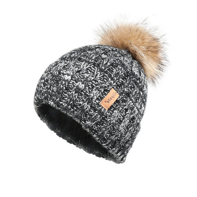 Grey with Tan 12" Pom Pom beanie cozy fuzzy 