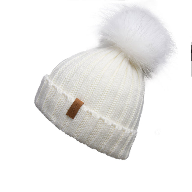 White with White 12" Pom Pom beanie cozy fuzzy 