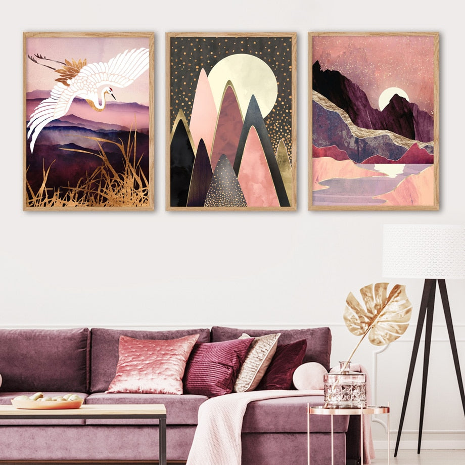 Mountain Forest Sun Bird Abstract Landscape Art Canvas Painting Nordic Posters And Prints Wall Pictures For Living Room Decor - Mountain Village Merchandise