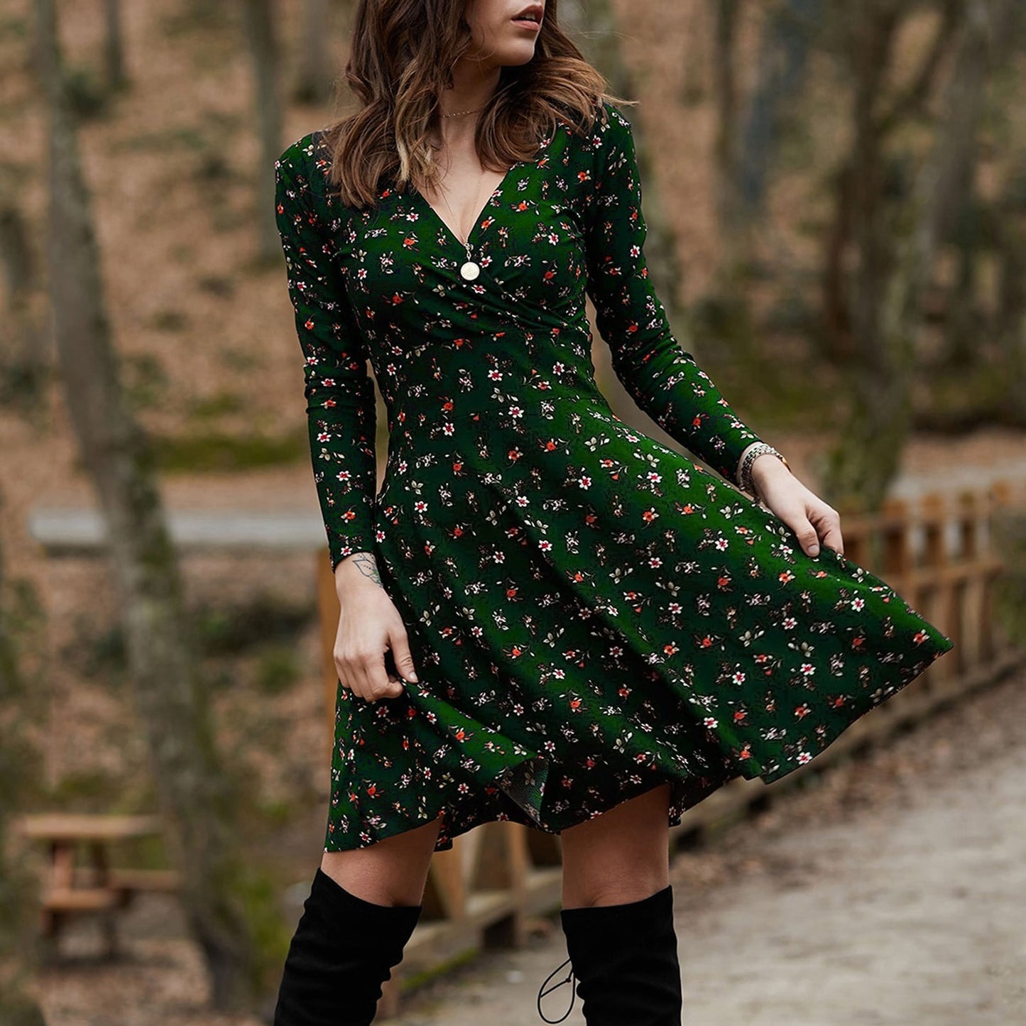 long sleeve v neck dress 